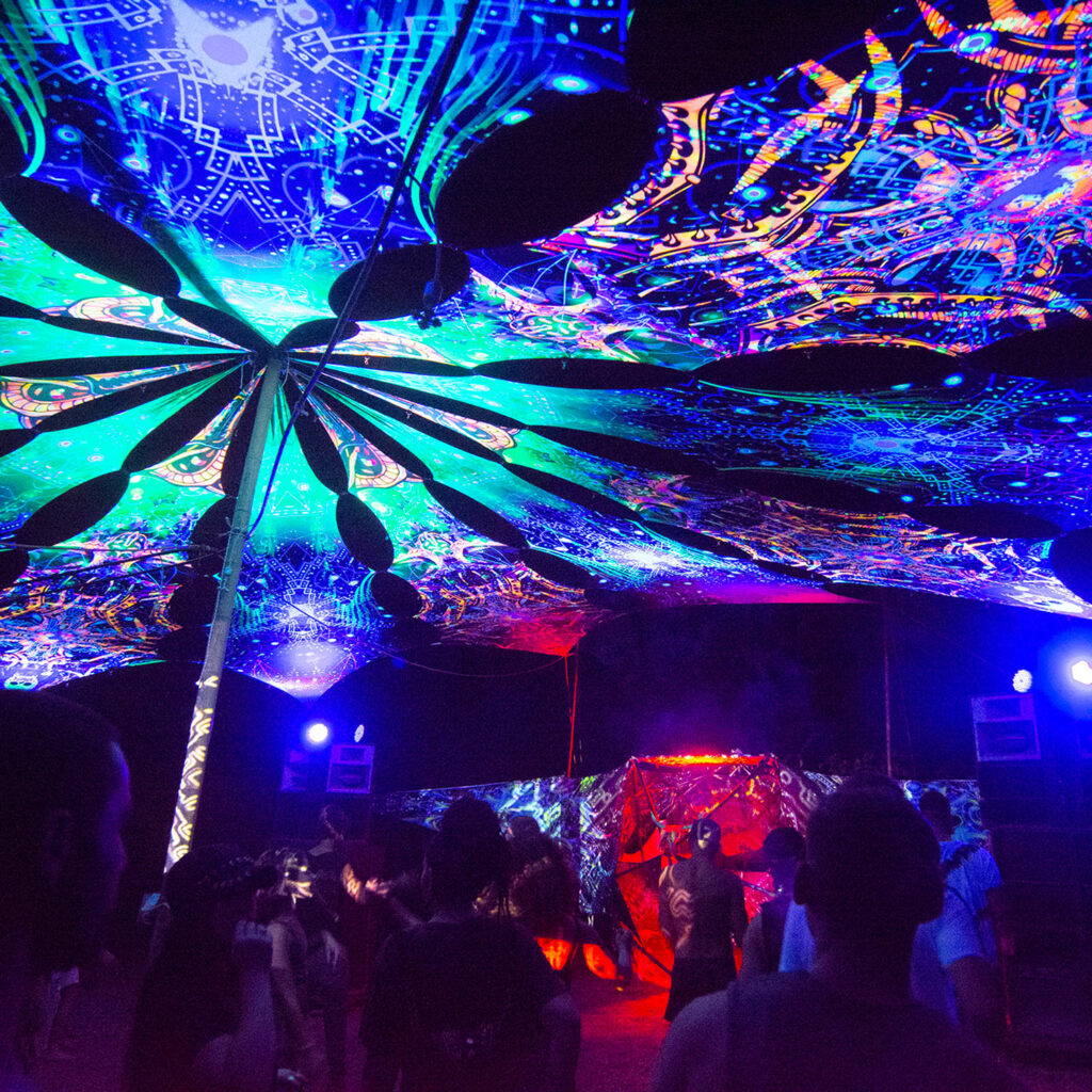 Open Air Trance Party Canopy - UV-Reactive Lycra Decoration - UV-Light at night