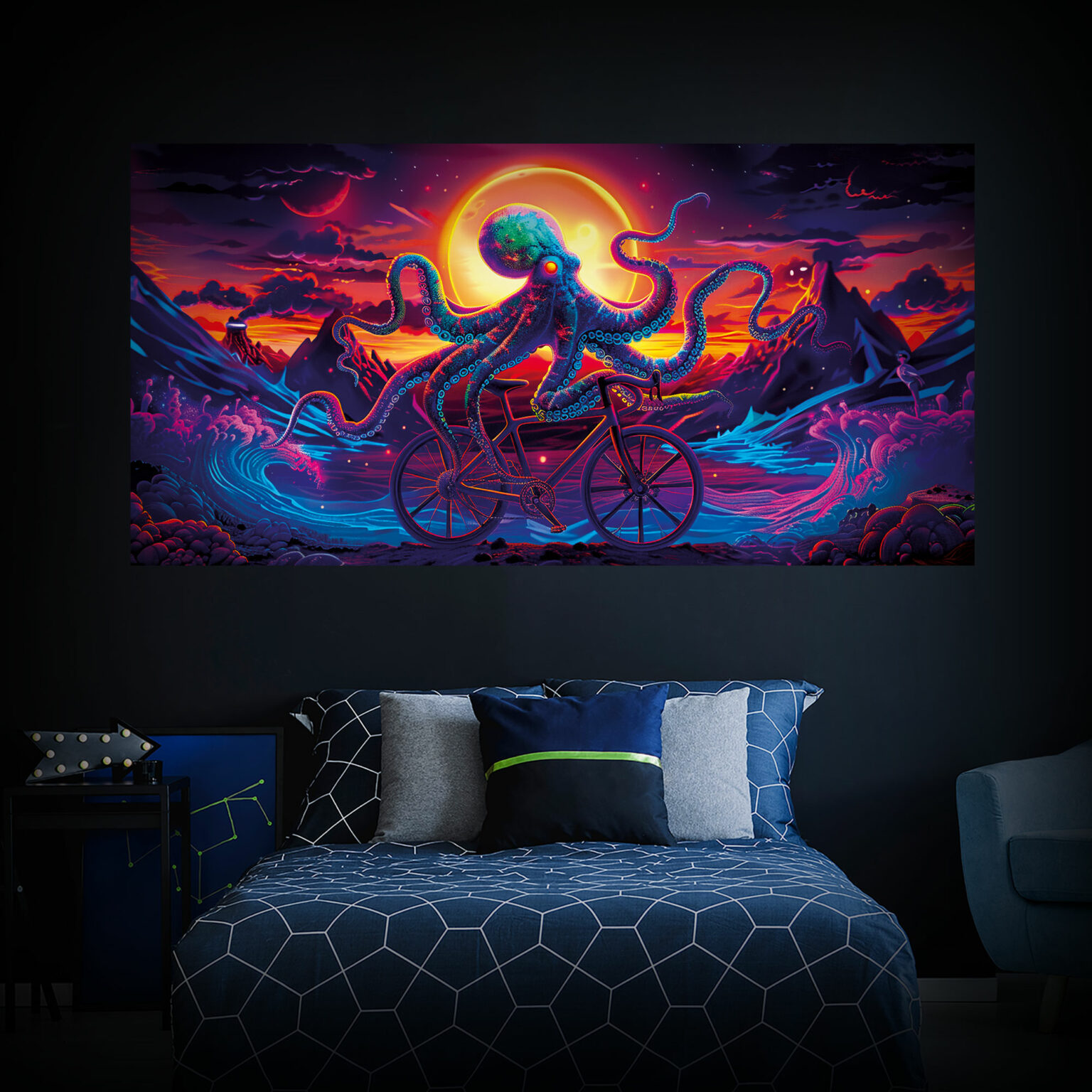 Bicycle Day Octopus 2024 UV-Tapestry - Bedroom Preview
