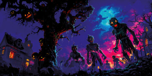 Halloween Backdrop Walking Zombies HL-WZM001 - Colorful UV Backdrop XL Dark Tapestry Psychedelic UV-Reactive Fluorescent Wall Art