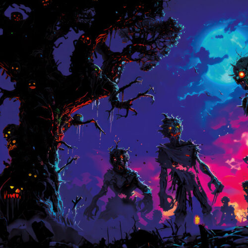 Halloween Backdrop Walking Zombies HL-WZM001 - Colorful UV Backdrop XL Dark Tapestry Psychedelic UV-Reactive Fluorescent Wall Art