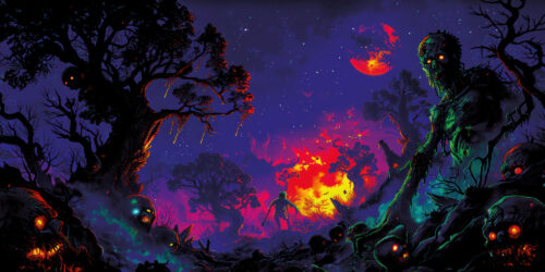 Halloween Backdrop Walking Zombies HL-WZM002 - Colorful UV Backdrop XL Dark Tapestry Psychedelic UV-Reactive Fluorescent Wall Art
