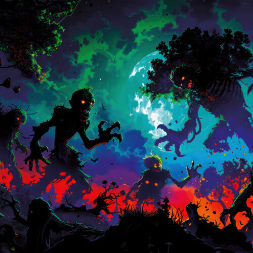 Halloween Backdrop Walking Zombies HL-WZM004 - Colorful UV Backdrop XL Dark Tapestry Psychedelic UV-Reactive Fluorescent Wall Art