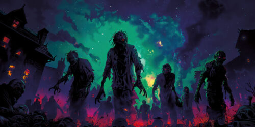 Halloween Backdrop Walking Zombies HL-WZM008 - Colorful UV Backdrop XL Dark Tapestry Psychedelic UV-Reactive Fluorescent Wall Art