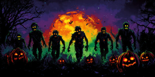 Halloween Backdrop Walking Zombies HL-WZM010 - Colorful UV Backdrop XL Dark Tapestry Psychedelic UV-Reactive Fluorescent Wall Art