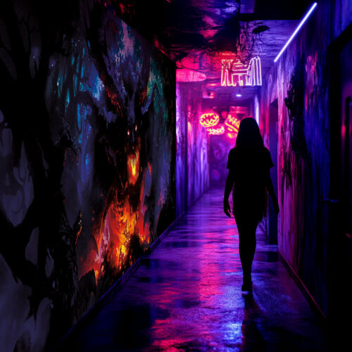 Halloween Backdrop Evil Demons HL-DMN001 - Colorful UV Backdrop XL Dark Tapestry Psychedelic UV-Reactive Fluorescent Wall Art - Haunted House Interior Preview - UV Light