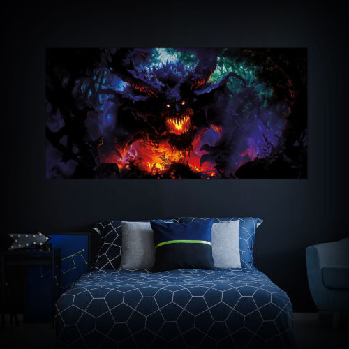 Halloween Backdrop Evil Demons HL-DMN001 - Colorful UV Backdrop XL Dark Tapestry Psychedelic UV-Reactive Fluorescent Wall Art - Bedroom Interior Preview - Daylight