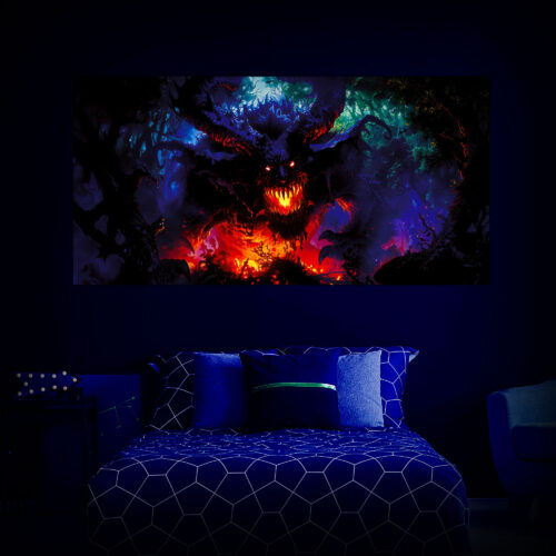 Halloween Backdrop Evil Demons HL-DMN001 - Colorful UV Backdrop XL Dark Tapestry Psychedelic UV-Reactive Fluorescent Wall Art - Bedroom Interior Preview - UV Light