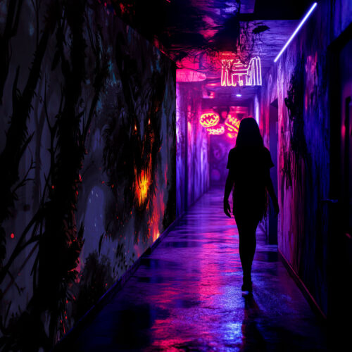 Halloween Backdrop Evil Demons HL-DMN002 - Colorful UV Backdrop XL Dark Tapestry Psychedelic UV-Reactive Fluorescent Wall Art - Haunted House Interior Preview - UV Light