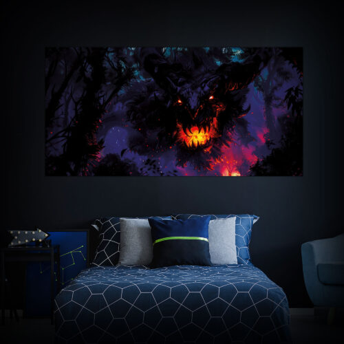 Halloween Backdrop Evil Demons HL-DMN002 - Colorful UV Backdrop XL Dark Tapestry Psychedelic UV-Reactive Fluorescent Wall Art - Bedroom Interior Preview - Daylight