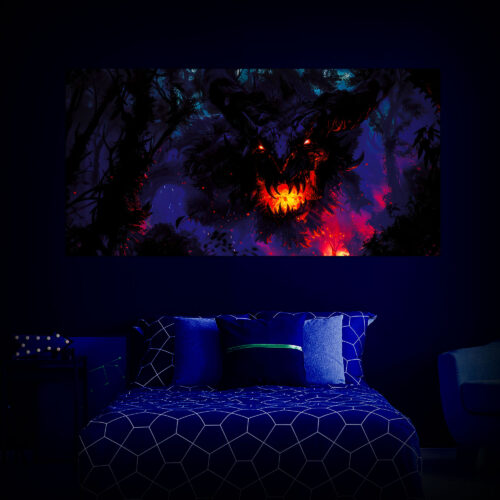Halloween Backdrop Evil Demons HL-DMN002 - Colorful UV Backdrop XL Dark Tapestry Psychedelic UV-Reactive Fluorescent Wall Art - Bedroom Interior Preview - UV Light