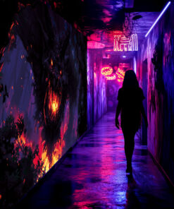 Halloween Backdrop Evil Demons HL-DMN003 - Colorful UV Backdrop XL Dark Tapestry Psychedelic UV-Reactive Fluorescent Wall Art - Haunted House Interior Preview - UV Light