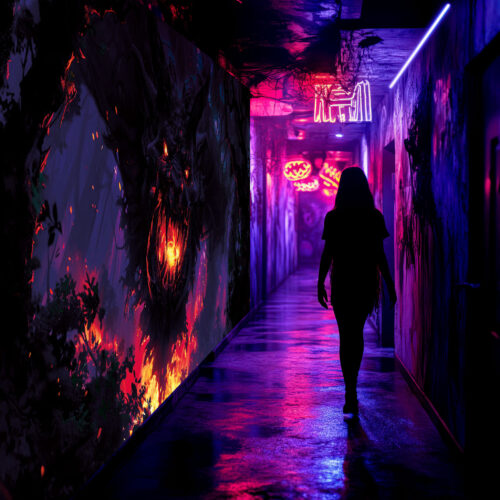 Halloween Backdrop Evil Demons HL-DMN003 - Colorful UV Backdrop XL Dark Tapestry Psychedelic UV-Reactive Fluorescent Wall Art - Haunted House Interior Preview - UV Light