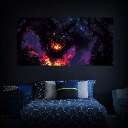 Halloween Backdrop Evil Demons HL-DMN003 - Colorful UV Backdrop XL Dark Tapestry Psychedelic UV-Reactive Fluorescent Wall Art - Bedroom Interior Preview - Daylight