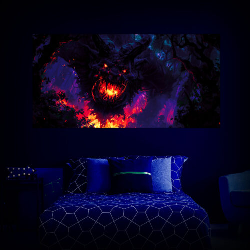 Halloween Backdrop Evil Demons HL-DMN003 - Colorful UV Backdrop XL Dark Tapestry Psychedelic UV-Reactive Fluorescent Wall Art - Bedroom Interior Preview - UV Light