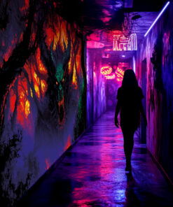 Halloween Backdrop Evil Demons HL-DMN004 - Colorful UV Backdrop XL Dark Tapestry Psychedelic UV-Reactive Fluorescent Wall Art - Haunted House Interior Preview - UV Light