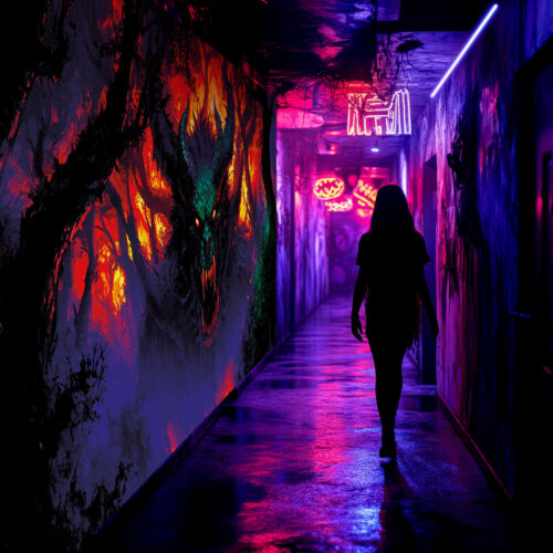 Halloween Backdrop Evil Demons HL-DMN004 - Colorful UV Backdrop XL Dark Tapestry Psychedelic UV-Reactive Fluorescent Wall Art - Haunted House Interior Preview - UV Light