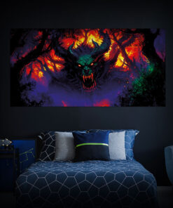Halloween Backdrop Evil Demons HL-DMN004 - Colorful UV Backdrop XL Dark Tapestry Psychedelic UV-Reactive Fluorescent Wall Art - Bedroom Interior Preview - Daylight