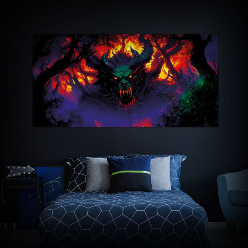 Halloween Backdrop Evil Demons HL-DMN004 - Colorful UV Backdrop XL Dark Tapestry Psychedelic UV-Reactive Fluorescent Wall Art - Bedroom Interior Preview - Daylight