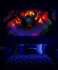 Halloween Backdrop Evil Demons HL-DMN004 - Colorful UV Backdrop XL Dark Tapestry Psychedelic UV-Reactive Fluorescent Wall Art - Bedroom Interior Preview - UV Light