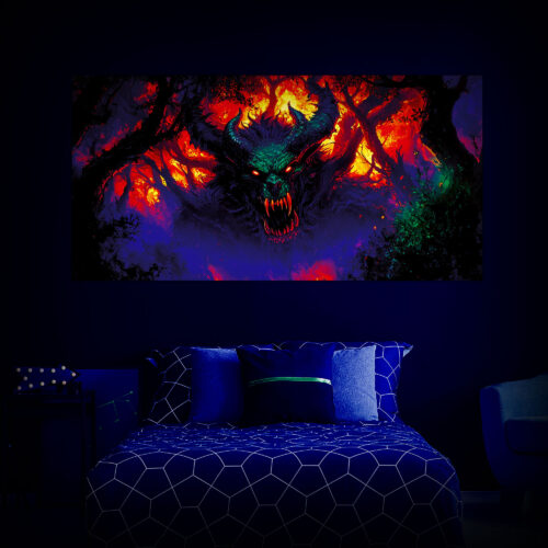 Halloween Backdrop Evil Demons HL-DMN004 - Colorful UV Backdrop XL Dark Tapestry Psychedelic UV-Reactive Fluorescent Wall Art - Bedroom Interior Preview - UV Light