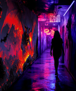 Halloween Backdrop Evil Demons HL-DMN005 - Colorful UV Backdrop XL Dark Tapestry Psychedelic UV-Reactive Fluorescent Wall Art - Haunted House Interior Preview - UV Light