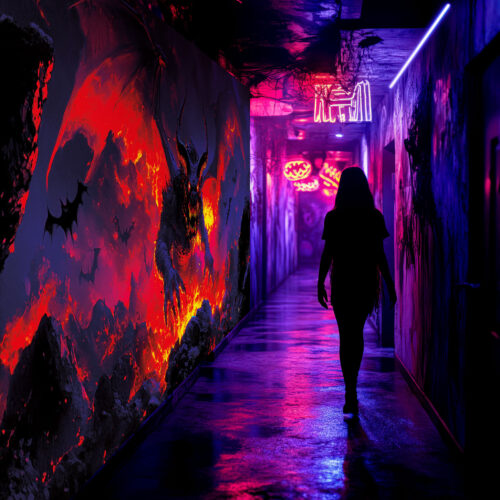 Halloween Backdrop Evil Demons HL-DMN005 - Colorful UV Backdrop XL Dark Tapestry Psychedelic UV-Reactive Fluorescent Wall Art - Haunted House Interior Preview - UV Light