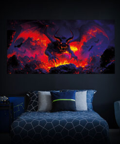 Halloween Backdrop Evil Demons HL-DMN005 - Colorful UV Backdrop XL Dark Tapestry Psychedelic UV-Reactive Fluorescent Wall Art - Bedroom Interior Preview - Daylight