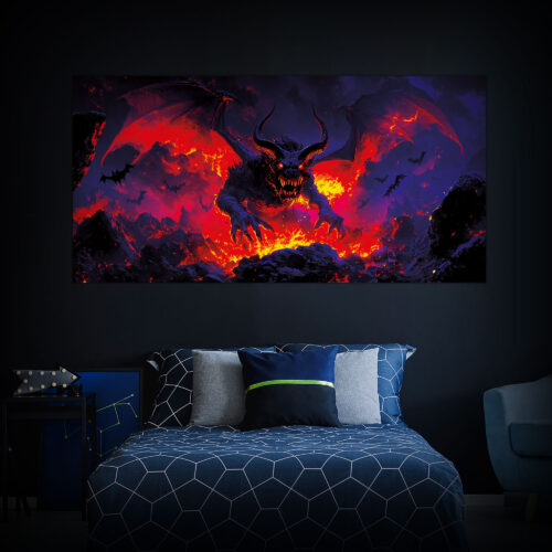 Halloween Backdrop Evil Demons HL-DMN005 - Colorful UV Backdrop XL Dark Tapestry Psychedelic UV-Reactive Fluorescent Wall Art - Bedroom Interior Preview - Daylight