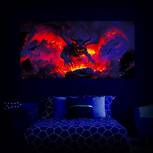 Halloween Backdrop Evil Demons HL-DMN005 - Colorful UV Backdrop XL Dark Tapestry Psychedelic UV-Reactive Fluorescent Wall Art - Bedroom Interior Preview - UV Light
