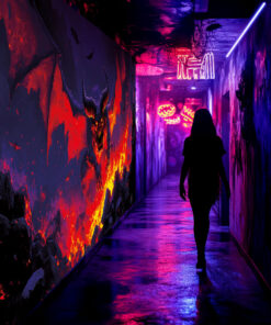 Halloween Backdrop Evil Demons HL-DMN006 - Colorful UV Backdrop XL Dark Tapestry Psychedelic UV-Reactive Fluorescent Wall Art - Haunted House Interior Preview - UV Light