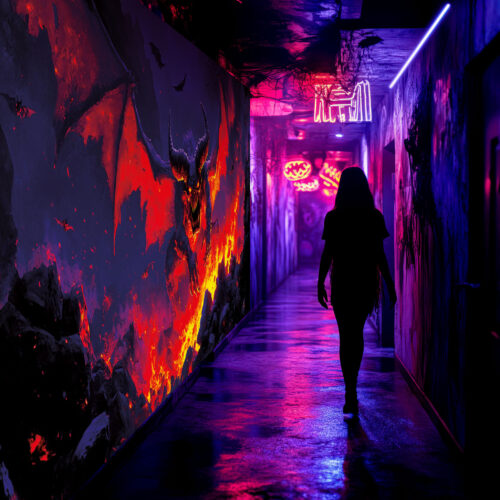 Halloween Backdrop Evil Demons HL-DMN006 - Colorful UV Backdrop XL Dark Tapestry Psychedelic UV-Reactive Fluorescent Wall Art - Haunted House Interior Preview - UV Light