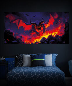 Halloween Backdrop Evil Demons HL-DMN006 - Colorful UV Backdrop XL Dark Tapestry Psychedelic UV-Reactive Fluorescent Wall Art - Bedroom Interior Preview - Daylight