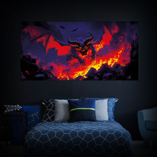 Halloween Backdrop Evil Demons HL-DMN006 - Colorful UV Backdrop XL Dark Tapestry Psychedelic UV-Reactive Fluorescent Wall Art - Bedroom Interior Preview - Daylight