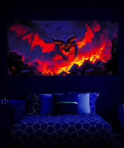 Halloween Backdrop Evil Demons HL-DMN006 - Colorful UV Backdrop XL Dark Tapestry Psychedelic UV-Reactive Fluorescent Wall Art - Bedroom Interior Preview - UV Light