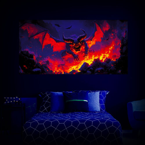 Halloween Backdrop Evil Demons HL-DMN006 - Colorful UV Backdrop XL Dark Tapestry Psychedelic UV-Reactive Fluorescent Wall Art - Bedroom Interior Preview - UV Light