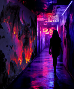 Halloween Backdrop Evil Demons HL-DMN007 - Colorful UV Backdrop XL Dark Tapestry Psychedelic UV-Reactive Fluorescent Wall Art - Haunted House Interior Preview - UV Light