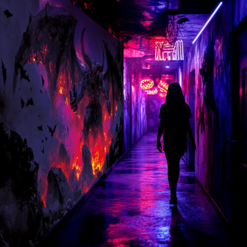 Halloween Backdrop Evil Demons HL-DMN007 - Colorful UV Backdrop XL Dark Tapestry Psychedelic UV-Reactive Fluorescent Wall Art - Haunted House Interior Preview - UV Light