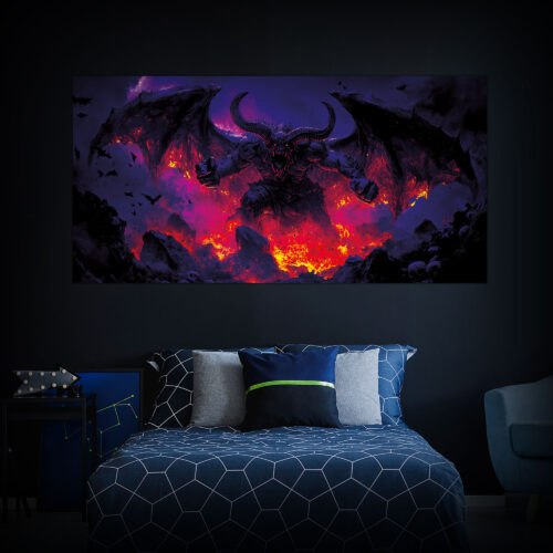 Halloween Backdrop Evil Demons HL-DMN007 - Colorful UV Backdrop XL Dark Tapestry Psychedelic UV-Reactive Fluorescent Wall Art - Bedroom Interior Preview - Daylight