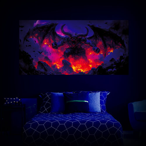 Halloween Backdrop Evil Demons HL-DMN007 - Colorful UV Backdrop XL Dark Tapestry Psychedelic UV-Reactive Fluorescent Wall Art - Bedroom Interior Preview - UV Light