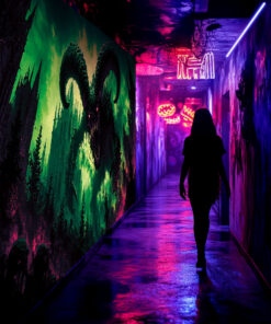 Halloween Backdrop Evil Demons HL-DMN008 - Colorful UV Backdrop XL Dark Tapestry Psychedelic UV-Reactive Fluorescent Wall Art - Haunted House Interior Preview - UV Light