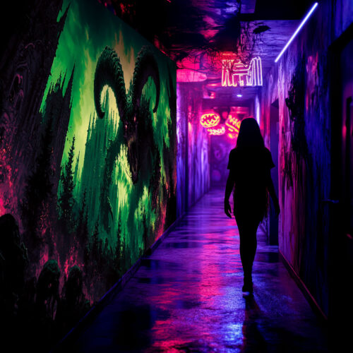 Halloween Backdrop Evil Demons HL-DMN008 - Colorful UV Backdrop XL Dark Tapestry Psychedelic UV-Reactive Fluorescent Wall Art - Haunted House Interior Preview - UV Light