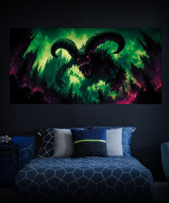 Halloween Backdrop Evil Demons HL-DMN008 - Colorful UV Backdrop XL Dark Tapestry Psychedelic UV-Reactive Fluorescent Wall Art - Bedroom Interior Preview - Daylight