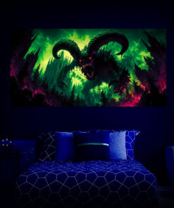 Halloween Backdrop Evil Demons HL-DMN008 - Colorful UV Backdrop XL Dark Tapestry Psychedelic UV-Reactive Fluorescent Wall Art - Bedroom Interior Preview - UV Light