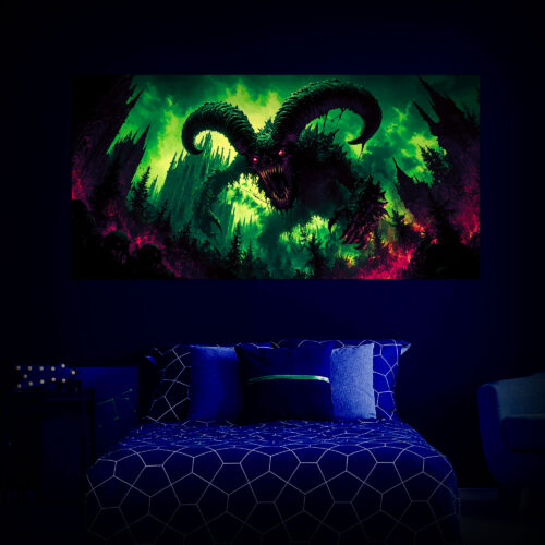 Halloween Backdrop Evil Demons HL-DMN008 - Colorful UV Backdrop XL Dark Tapestry Psychedelic UV-Reactive Fluorescent Wall Art - Bedroom Interior Preview - UV Light