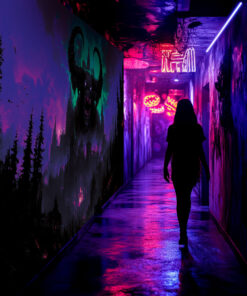 Halloween Backdrop Evil Demons HL-DMN009 - Colorful UV Backdrop XL Dark Tapestry Psychedelic UV-Reactive Fluorescent Wall Art - Haunted House Interior Preview - UV Light