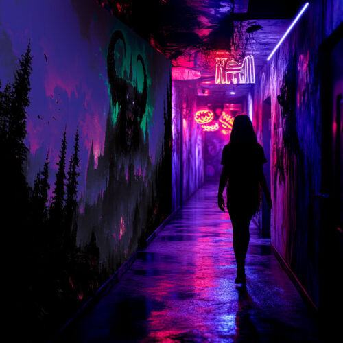 Halloween Backdrop Evil Demons HL-DMN009 - Colorful UV Backdrop XL Dark Tapestry Psychedelic UV-Reactive Fluorescent Wall Art - Haunted House Interior Preview - UV Light