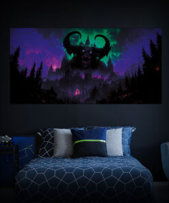Halloween Backdrop Evil Demons HL-DMN009 - Colorful UV Backdrop XL Dark Tapestry Psychedelic UV-Reactive Fluorescent Wall Art - Bedroom Interior Preview - Daylight