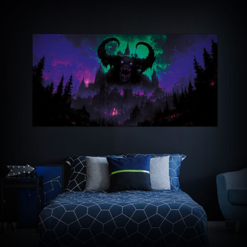 Halloween Backdrop Evil Demons HL-DMN009 - Colorful UV Backdrop XL Dark Tapestry Psychedelic UV-Reactive Fluorescent Wall Art - Bedroom Interior Preview - Daylight