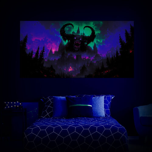 Halloween Backdrop Evil Demons HL-DMN009 - Colorful UV Backdrop XL Dark Tapestry Psychedelic UV-Reactive Fluorescent Wall Art - Bedroom Interior Preview - UV Light
