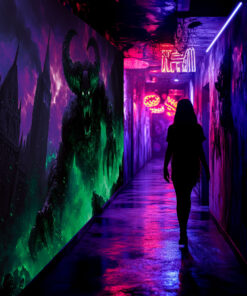 Halloween Backdrop Evil Demons HL-DMN010 - Colorful UV Backdrop XL Dark Tapestry Psychedelic UV-Reactive Fluorescent Wall Art - Haunted House Interior Preview - UV Light